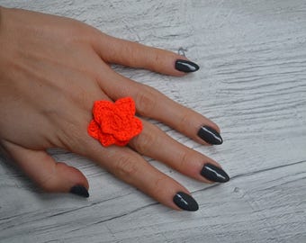 Neon orange flower ring, Crochet flower, Neon orange, Floral ring, Trendy neon colors, Gift for daughter, Boho jewelry, Hippie style, Sweety