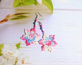 Candy colors star earrings for her, Adorable pink jewelry for romantic girl, Beautiful lace adornment for sister, Bohemian charming gift