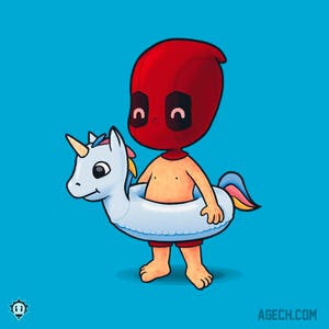 Puede incluir: Un personaje con máscara roja que lleva un flotador de piscina de unicornio con una crin de arcoíris. El personaje está de pie sobre un fondo azul.