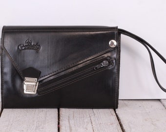 Vintage Black Leather Bag, Travel Handbag, Passport Phone Pouch Messenger Bag