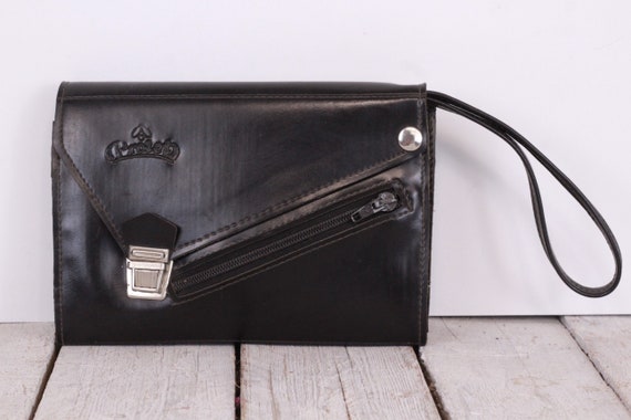 Vintage Black Leather Bag, Travel Handbag, Passport Phone Pouch Messenger Bag