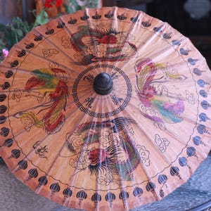 Vintage Japanese Umbrella, Vintage Chinese rice paper umbrella, Oriental Parasol, Rice Paper Bamboo, Crane Bonsai, Hand Painted Accessory