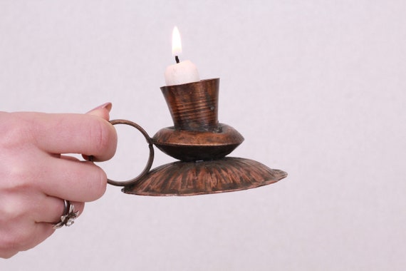 Vintage Hand Hammered Copper Candle Holder, Finger Loop