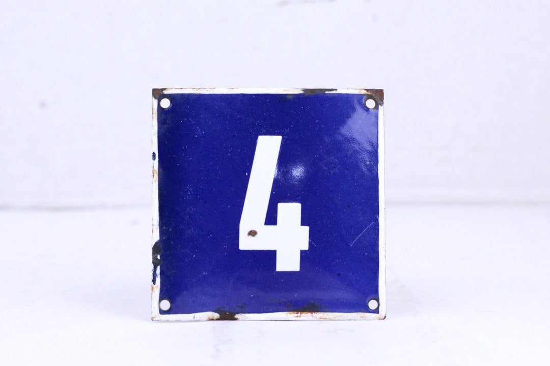 Vintage Blue and White Enamel House Number, House Door Sign 4, Lucky Number Navy Blue Plate