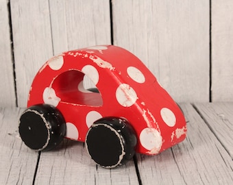 Vintage Red Wooden Toy Car: Polka Dot Decor