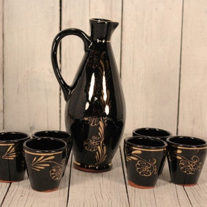 Vintage Black Clay Jug with Six Clay Shot Cups Set