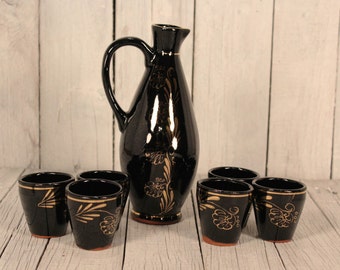 Vintage Black Clay Jug with Six Clay Shot Cups Set