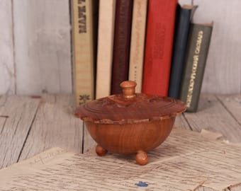 Vintage Round Hand Carved Wooden Jewelry or Trinket Box