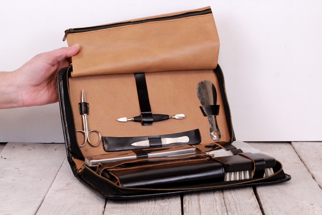 Vintage Travel Kit With Faux Leather Case Cosmetic Box Organizer Woman