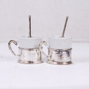 Vintage Porcelain Tea Cups with Metal Holders & Spoons - Set of 2