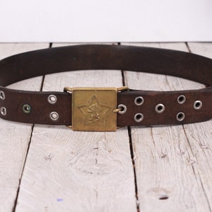 Vintage Dark Brown Belt, Army Leather Belt with Bronze Buckle, Military for Soldier
