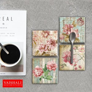 Vintage floral with wooden plank texture & script coasters, Digital Print download, 3.8x3.8 inch size, 1 sheet,