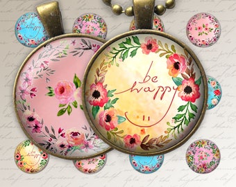 floral quotes circles, pendant print, watercolour, Digital Print download, 1.2 inch diameter, 1 sheet, bottle caps, magnets, bezel trays.