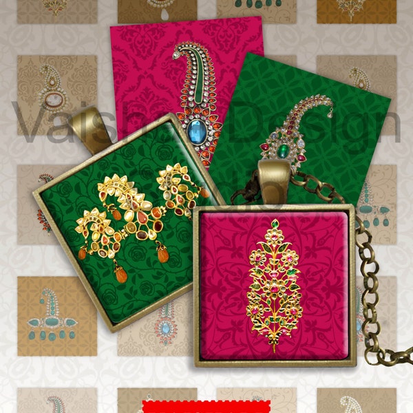 Maharaja Jewels - vintage jewellery, Digital Print download, 1X1 inch square, 1 sheet, pendants, magnets, bezel trays.