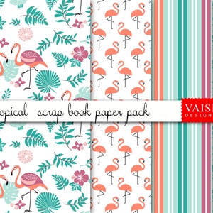 Tropical flamingo prints, tropical leaf pattern, seamless pattern, 4 sheets, digital print downloads