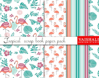 Tropical flamingo prints, tropical leaf pattern, seamless pattern, 4 sheets, digital print downloads