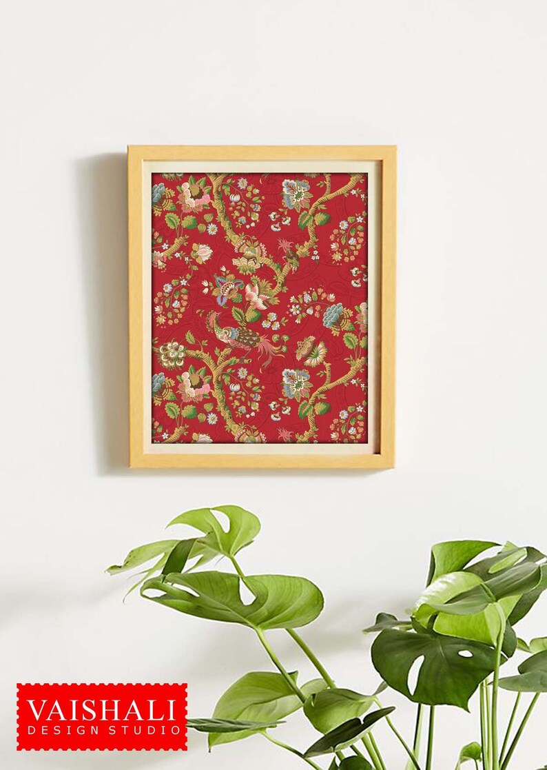 Jacobean bird pattern, rich jewel tone colours,home wall art decor, Digital Print download image 4