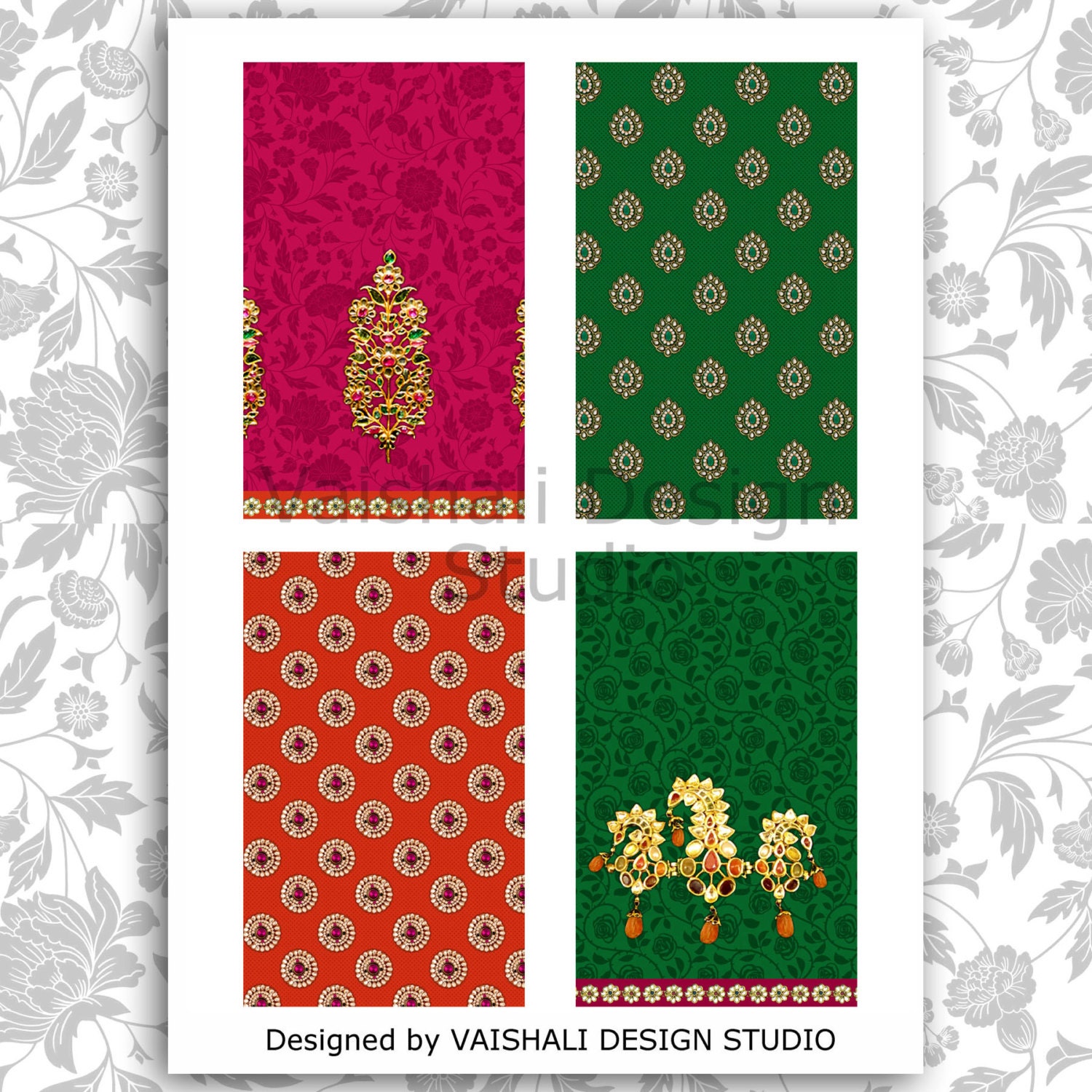 Maharaja Jewel Print, Jewel Tones, Pre Made Pages, 5 Sheets, Digital