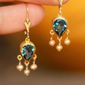 Unique chandelier earrings, victorian pearl earrings, Art Deco dangling earrings, London blue topaz earrings, gold drop earrings