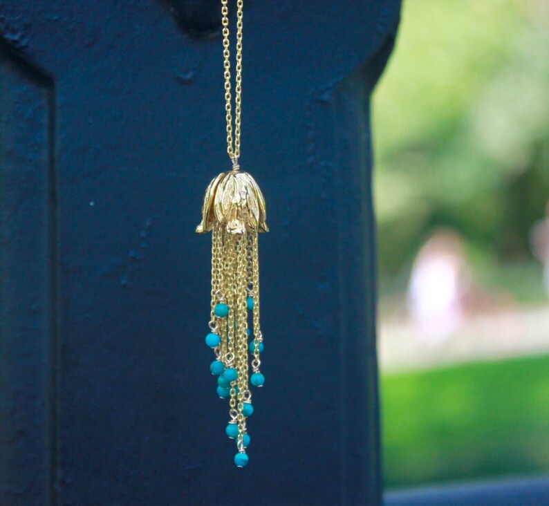 Custom Womens Gold CHOOSE Gemstone Statement Necklace Long Dangly Tulip Tassel necklace Evening Jewelry REAL Turquoise Layered Necklace