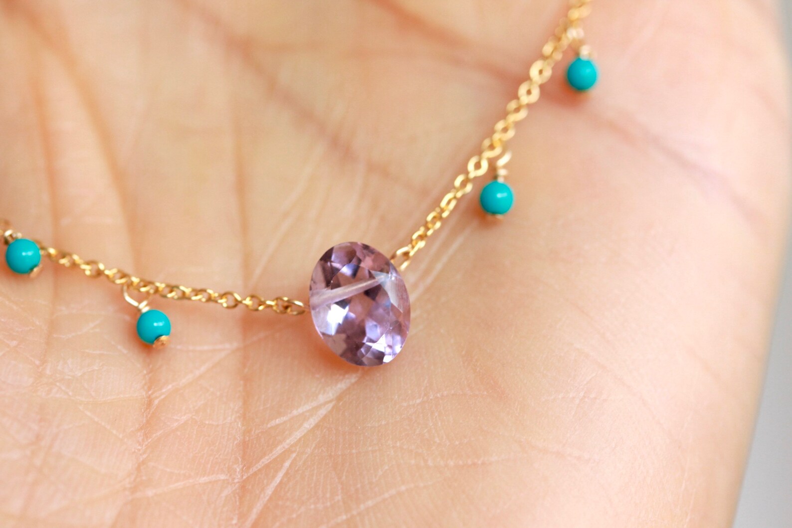 Amethyst Necklace/ Dangling Turquoise Necklace/ Delicate 14k Etsy