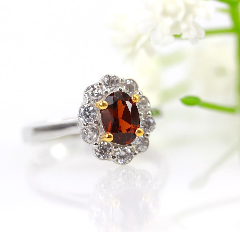 Princess ring garnet engagement ring Kate Middleton ring princess Diana ring 925 sterling silver solitaire accent ring flower ring