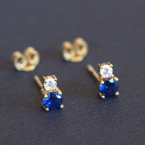 Art Deco Vintage Style Sapphire CZ Gold Earrings, 14k Gold Minimalist Studs Earrings, September Birthstone Gifts For Her
