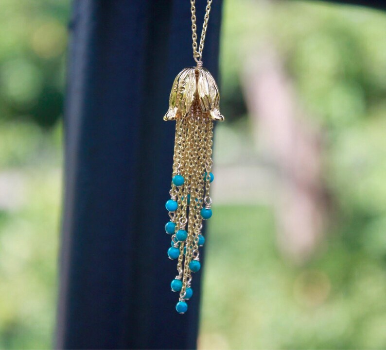 Custom Womens Gold CHOOSE Gemstone Statement Necklace Long Dangly Tulip Tassel necklace Evening Jewelry REAL Turquoise Layered Necklace