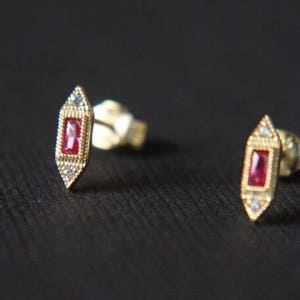 Art Deco Style Tiny Earrings, Triangle Victorian Style Earrings, Small Ruby Red Cubic Zirconia Earrings, July Birthstone Bridesmaid Gift