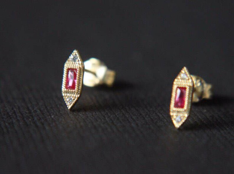 Art Deco Style Tiny Earrings, Triangle Victorian Style Earrings, Small Ruby Red Cubic Zirconia Earrings, July Birthstone Bridesmaid Gift 