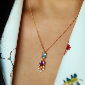 Amethyst necklace/ Victorian necklace/ seed pearls/ 14k gold/ February birthstone/ Wedding necklace/ Art Deco necklace/ blue topaz necklace