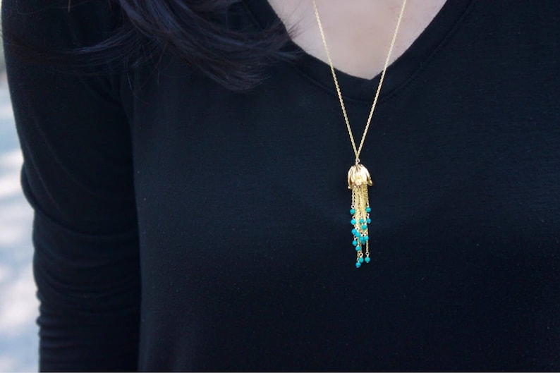 Custom Womens Gold CHOOSE Gemstone Statement Necklace Long Dangly Tulip Tassel necklace Evening Jewelry REAL Turquoise Layered Necklace