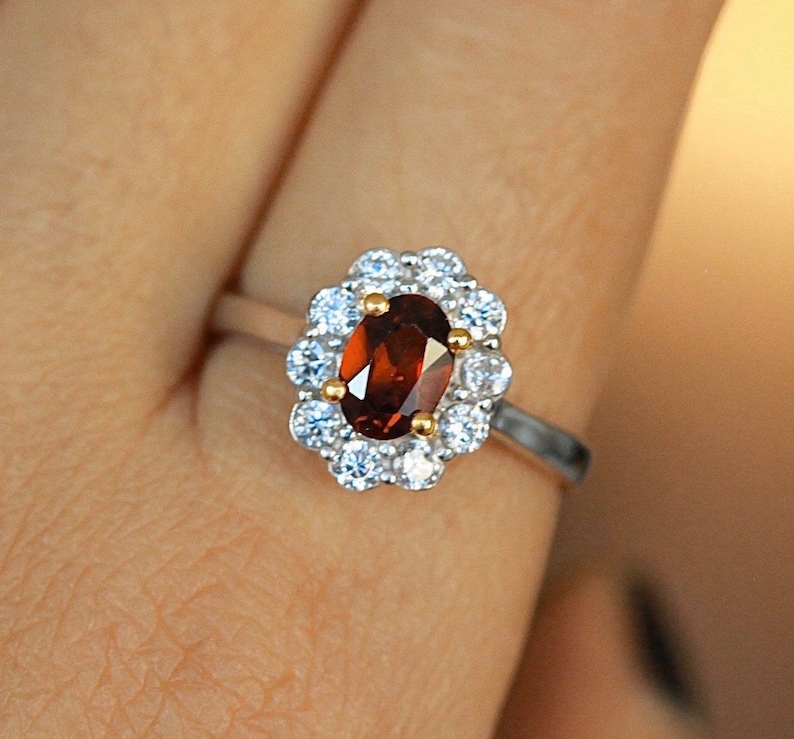 Princess ring garnet engagement ring Kate Middleton ring princess Diana ring 925 sterling silver solitaire accent ring flower ring