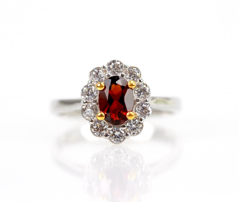 Princess ring garnet engagement ring Kate Middleton ring princess Diana ring 925 sterling silver solitaire accent ring flower ring