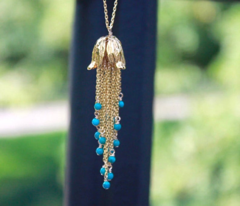 Custom Womens Gold CHOOSE Gemstone Statement Necklace Long Dangly Tulip Tassel necklace Evening Jewelry REAL Turquoise Layered Necklace