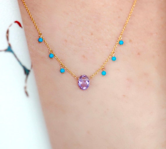Amethyst Necklace Dangling Turquoise Necklace Delicate 14k Gold