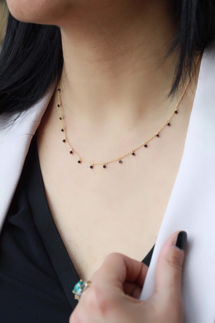 Dangly Black Spinel Necklace Dainty 