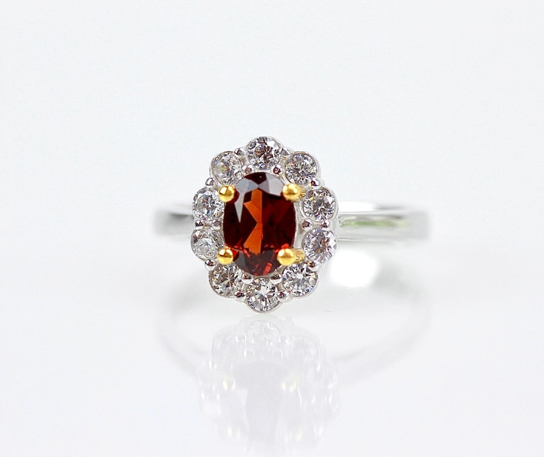 Princess ring garnet engagement ring Kate Middleton ring princess Diana ring 925 sterling silver solitaire accent ring flower ring
