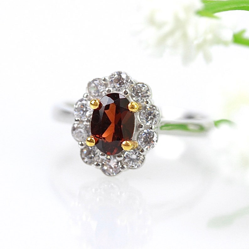 Princess ring garnet engagement ring Kate Middleton ring princess Diana ring 925 sterling silver solitaire accent ring flower ring