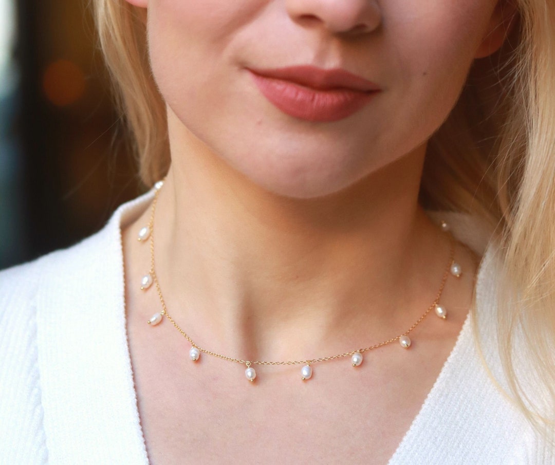 Dangle Pearl Necklace, Dainty Gold Necklace With Genuine Freshwater Pearls, Pearl Station Choker