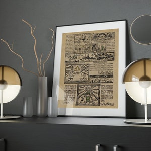 May include: A framed print with a black and white illustration of a map with text. The print is hanging on a gray wall with two brown glass table lamps and a vase with dried branches on a black shelf.