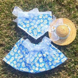 Puede incluir: Una falda floral azul y blanca con un lazo blanco y un pañuelo a juego azul y blanco con flores con un lazo blanco. También se incluye un sombrero de paja con un lazo blanco y una flor blanca.