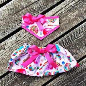 May include: A white skirt with a candy-themed print and a pink bow. A matching pink bandana with a candy print and a pink bow is also included.