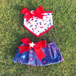 Puede incluir: Un bandana para perro rojo, blanco y azul con un lazo rojo y una estrella blanca. El bandana tiene un fondo blanco con estrellas rojas y azules. El lazo está atado alrededor del bandana y tiene una estrella blanca en el centro. El bandana está sobre una superficie verde de hierba.
