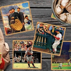 Saturday Evening Post Baseball Coaster Set – Vintage Americana Baseball Art Coasters – Norman Rockwell & More – Sports Decor Gift Set