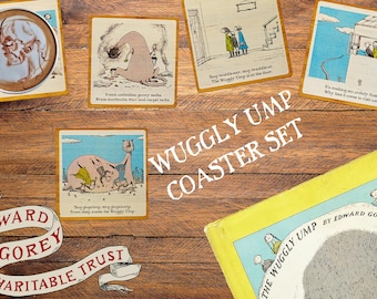 Edward Gorey™ "Wuggly Ump" Coaster Set, from the Arcane Vault - 5 Laser-Cut Wood Coasters with cork backers