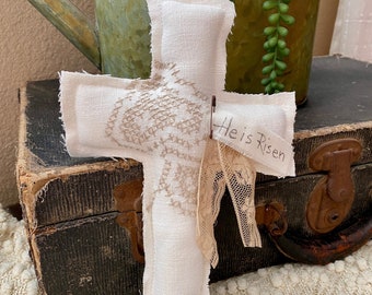 He is Risen Cross, Easter Cross, Repurposed Vintage Cross Stitch Table Cloth - Sold Separately