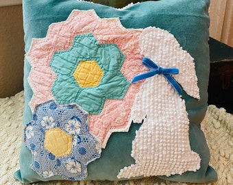 Vintage Grandmas Garden Quilt Applique, Turquoise Velvet and White Chenille Bunny Pillow, Repurposed Quilt and Chenille Bedspread