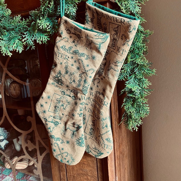 Vintage Look Cotton Fabric Stocking with Green Flannel, Coffee Dyed Cotton Fabric Stocking w/Flannel Lining