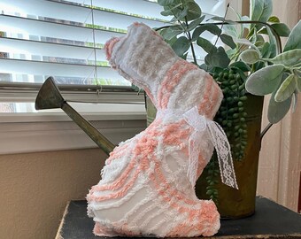 Extra Large Vintage White and Peachy Pink Chenille Bunny, Handmade Vintage Fabric Bunny,  Upcycled Bunny, Handmade Bunny, Chenille Bunny